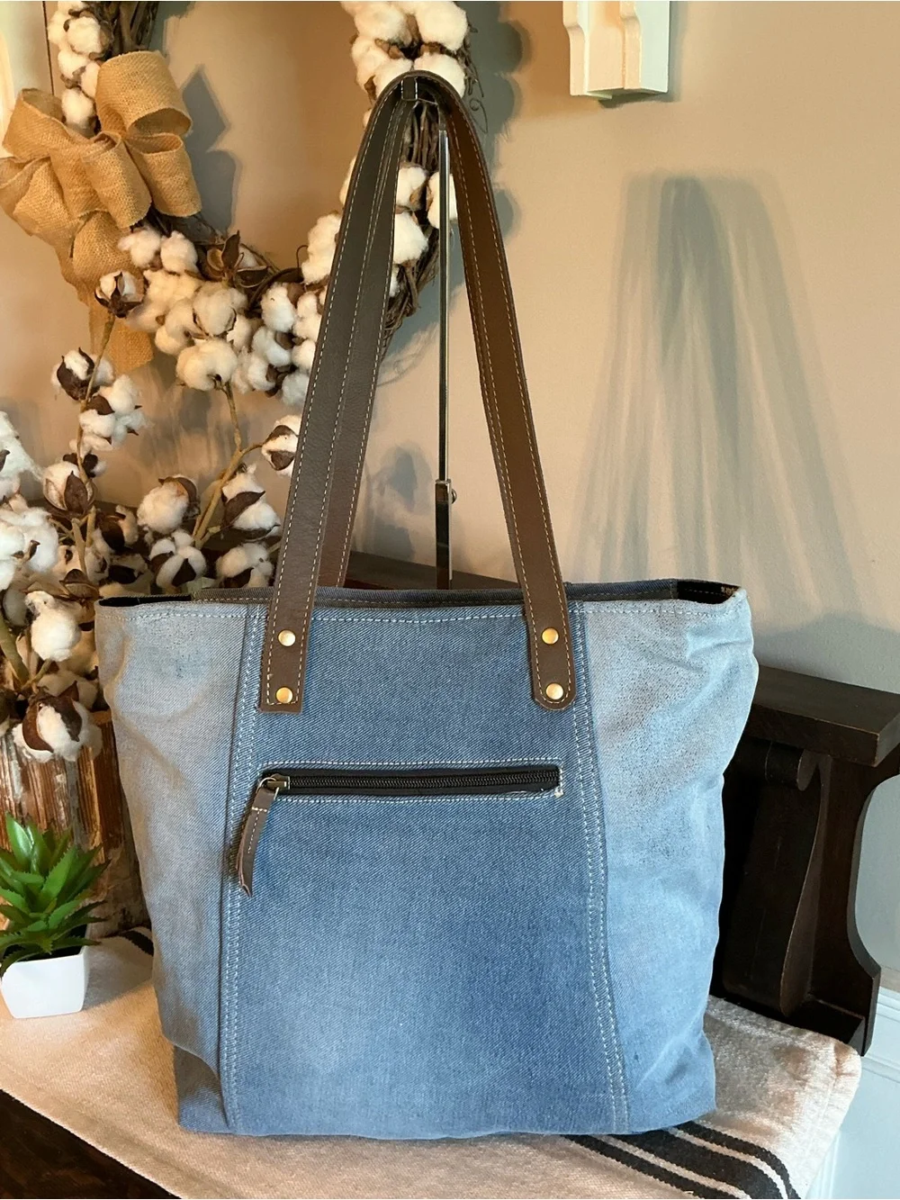 NWT Myra Bag Ashley Adventure Upcycled Blue Denim Shoulder Tote Bag MSRP $65